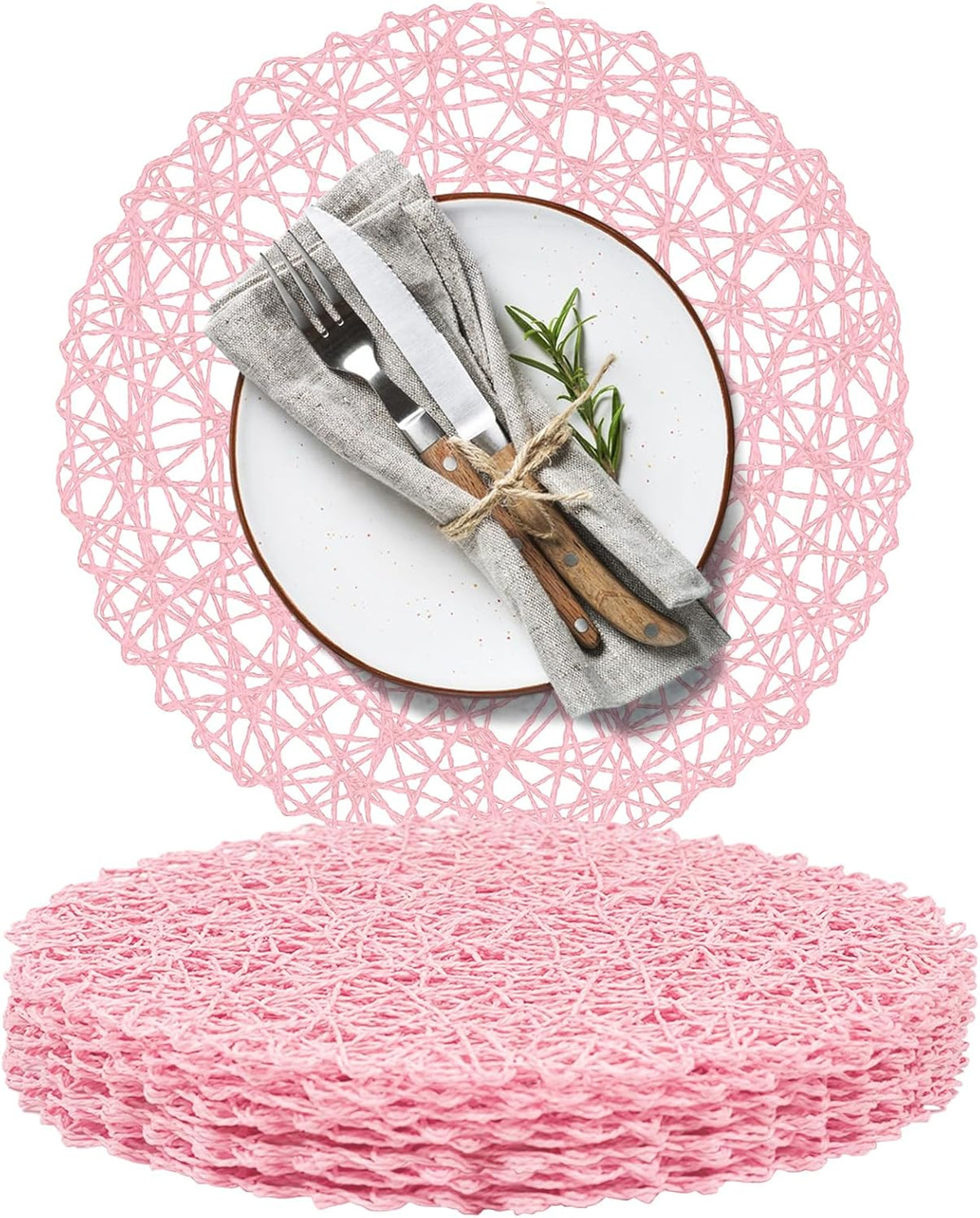 Paper Braided Round Placemats Set of 8 Natural Non-Slip Heat Resistant Table Mats for Dining Tables Woven Indoor Outdoor Place mats(Pink,8)