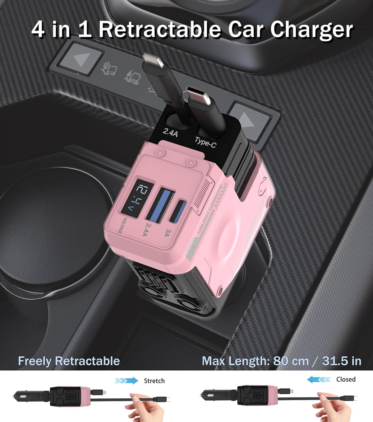 Retractable Car Charger, 4 in 1 66W Fast Charging USB C Car Charger