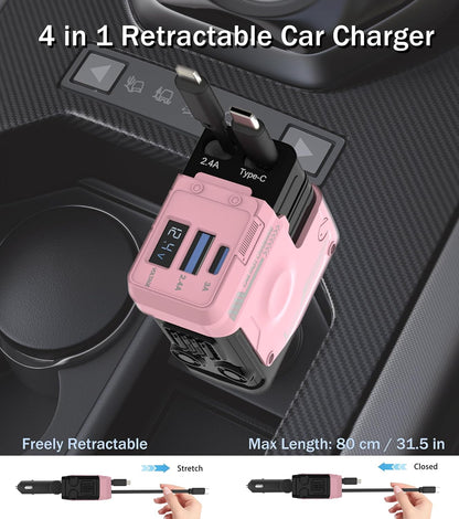 Retractable Car Charger, 4 in 1 66W Fast Charging USB C Car Charger