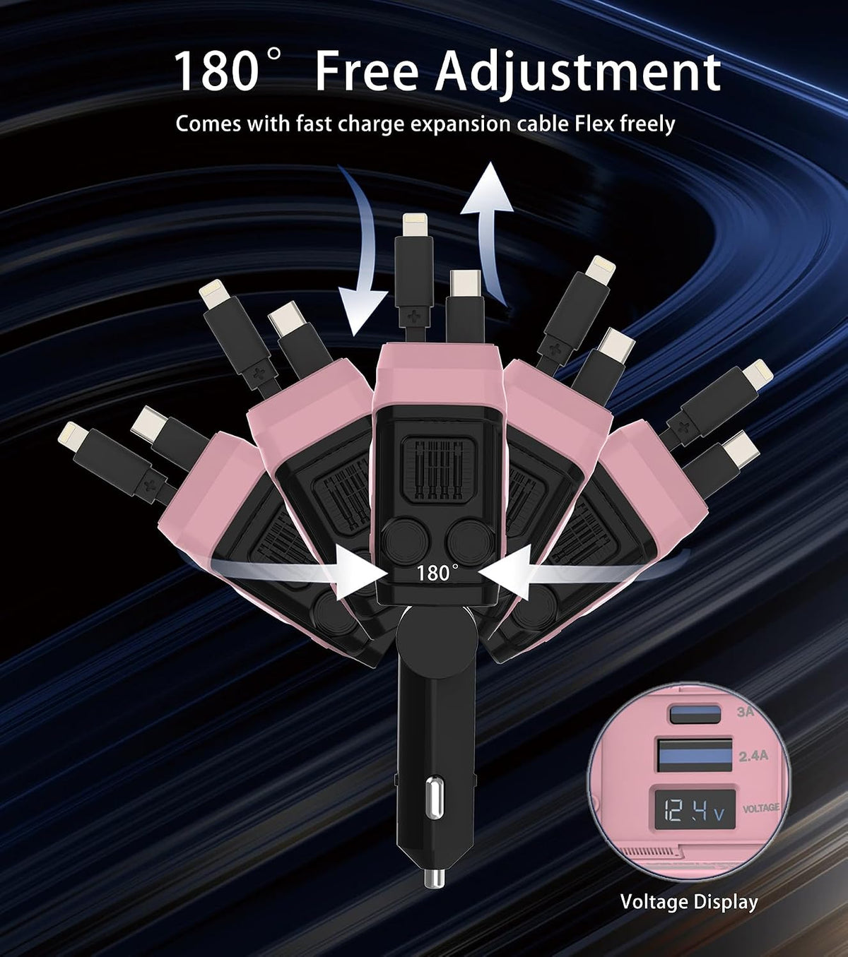 Retractable Car Charger, 4 in 1 66W Fast Charging USB C Car Charger