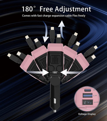 Retractable Car Charger, 4 in 1 66W Fast Charging USB C Car Charger