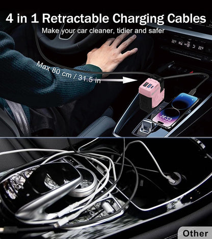 Retractable Car Charger, 4 in 1 66W Fast Charging USB C Car Charger