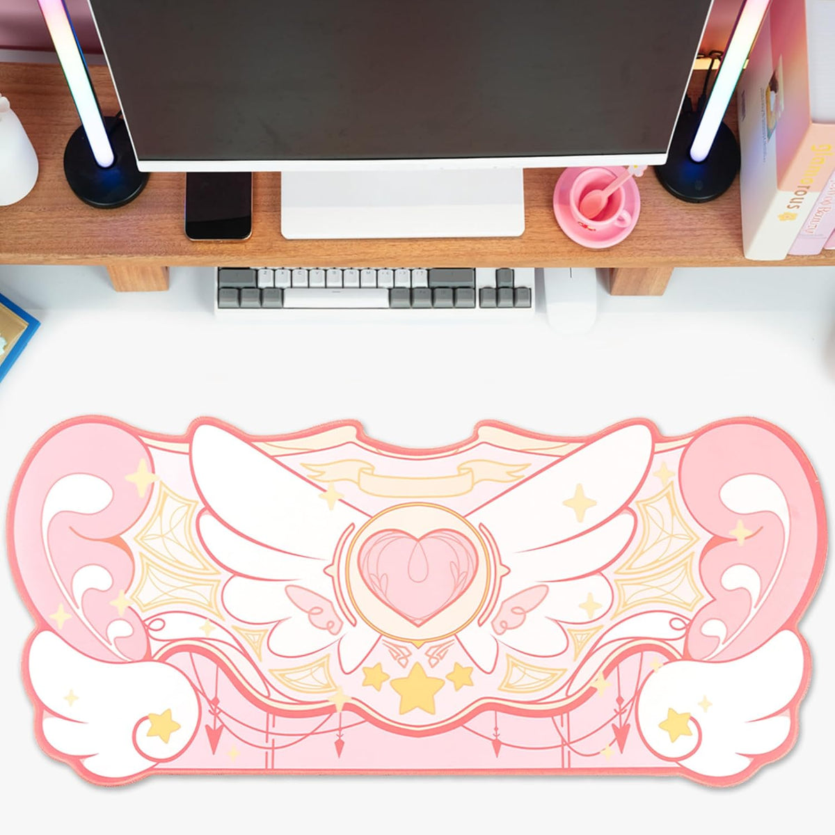 Large Gaming Mouse Pad Kawaii Pink Non-Slip Rubber Back Mouse Pad Big Waterproof Desk Mat for Keyboard and Mouse Perfect for Gaming,or Home Office Work - Star Wings（Super Dense Cloth）