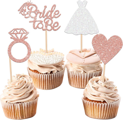 24 PCS Bride to Be Cupcake Toppers with Heart Ring Dress Bridal Shower Cupcake Picks Wedding Engagement Bachelorette Party Cake Decorations Supplies