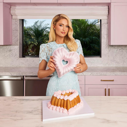 Paris Hilton Heart Shaped Fluted Cake Pan, Cast Aluminum with Clean Ceramic Nonstick Bakeware Fluted Tube Pan, Dishwasher Safe, Made without PFAS, PFOA, PFOS & PFTE, 9-Inch, Pink