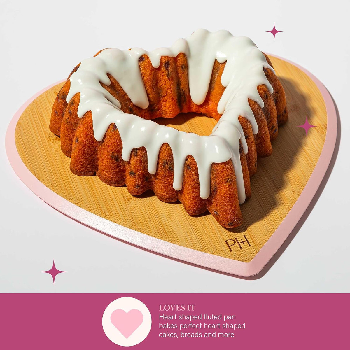 Paris Hilton Heart Shaped Fluted Cake Pan, Cast Aluminum with Clean Ceramic Nonstick Bakeware Fluted Tube Pan, Dishwasher Safe, Made without PFAS, PFOA, PFOS & PFTE, 9-Inch, Pink