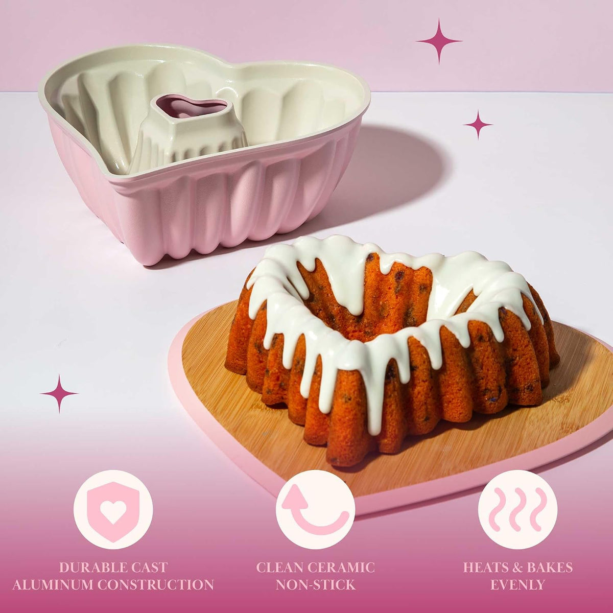 Paris Hilton Heart Shaped Fluted Cake Pan, Cast Aluminum with Clean Ceramic Nonstick Bakeware Fluted Tube Pan, Dishwasher Safe, Made without PFAS, PFOA, PFOS & PFTE, 9-Inch, Pink