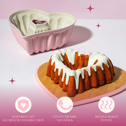 Paris Hilton Heart Shaped Fluted Cake Pan, Cast Aluminum with Clean Ceramic Nonstick Bakeware Fluted Tube Pan, Dishwasher Safe, Made without PFAS, PFOA, PFOS & PFTE, 9-Inch, Pink