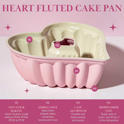 Paris Hilton Heart Shaped Fluted Cake Pan, Cast Aluminum with Clean Ceramic Nonstick Bakeware Fluted Tube Pan, Dishwasher Safe, Made without PFAS, PFOA, PFOS & PFTE, 9-Inch, Pink