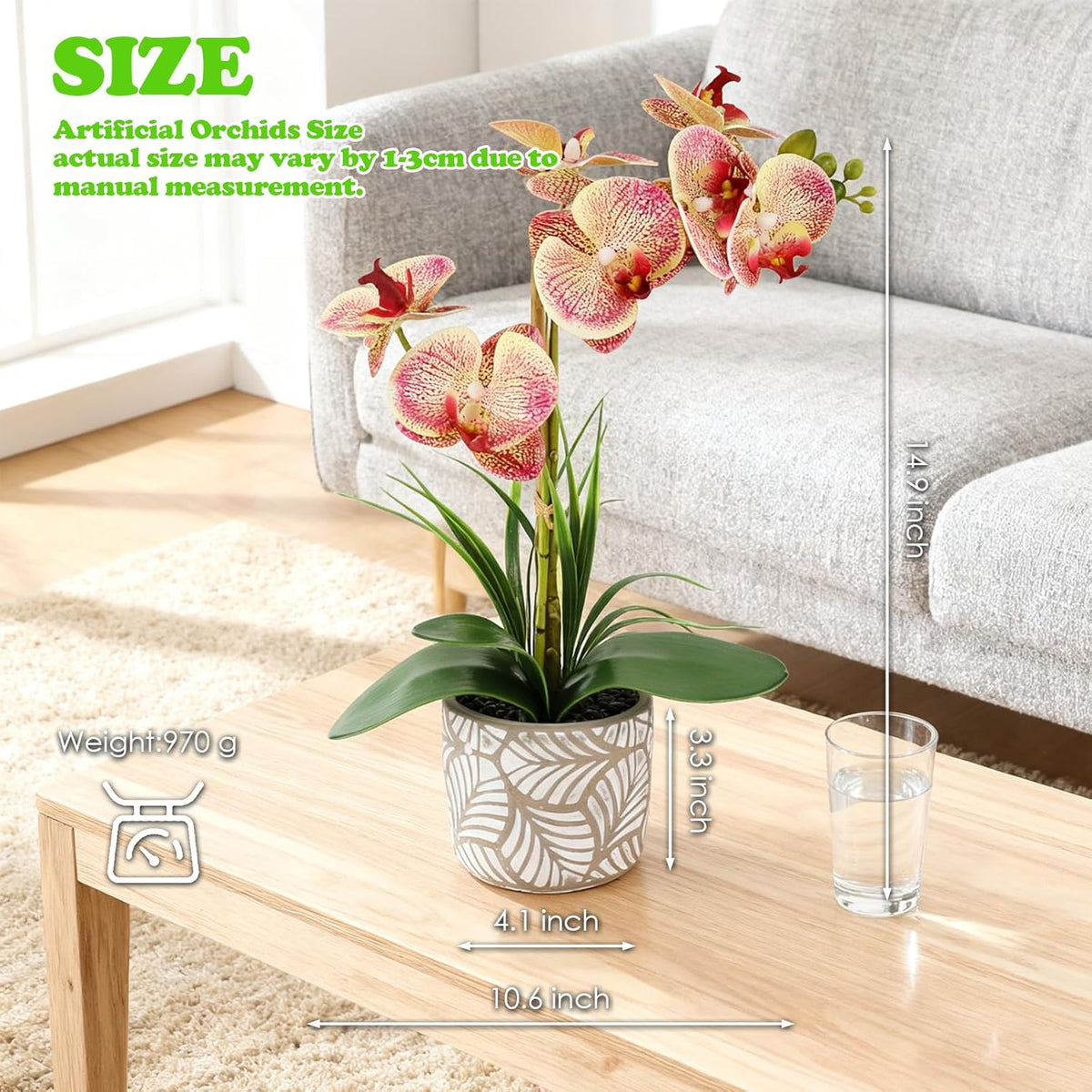 Artificial Orchid Flower Plant, 14.9'' Real Touch Faux Orchid Pink with Ceramic Vase, Fake Orchid Arrangements Home Office Decor Indoor Outdoor Wedding Table Centerpieces