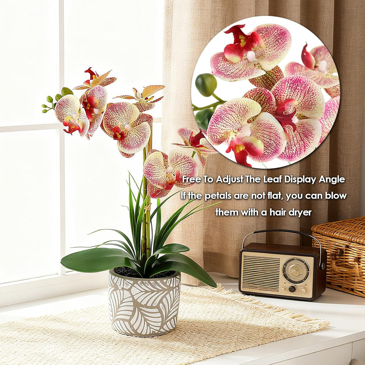 Artificial Orchid Flower Plant, 14.9'' Real Touch Faux Orchid Pink with Ceramic Vase, Fake Orchid Arrangements Home Office Decor Indoor Outdoor Wedding Table Centerpieces