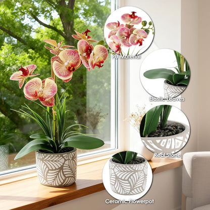 Artificial Orchid Flower Plant, 14.9'' Real Touch Faux Orchid Pink with Ceramic Vase, Fake Orchid Arrangements Home Office Decor Indoor Outdoor Wedding Table Centerpieces