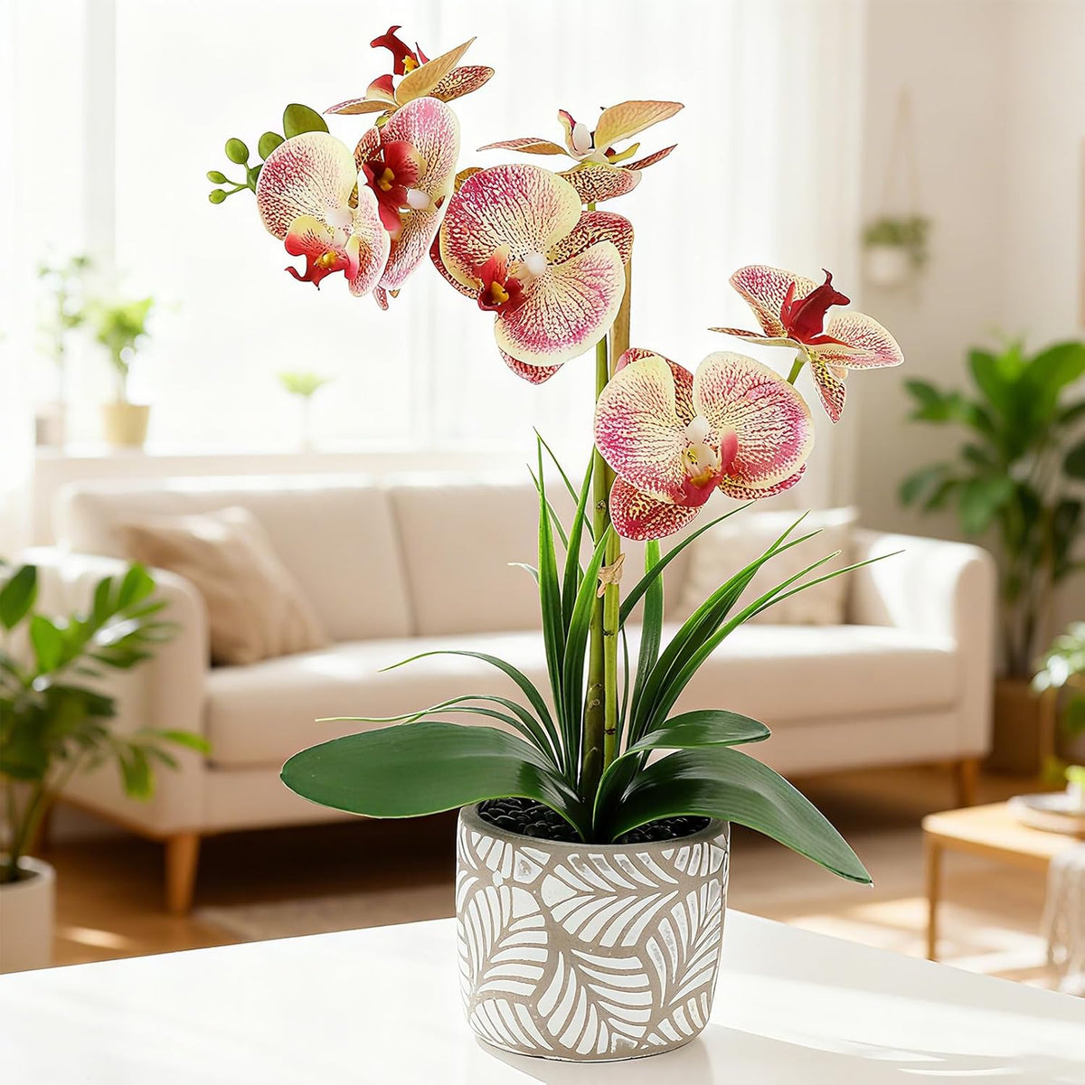Artificial Orchid Flower Plant, 14.9'' Real Touch Faux Orchid Pink with Ceramic Vase, Fake Orchid Arrangements Home Office Decor Indoor Outdoor Wedding Table Centerpieces