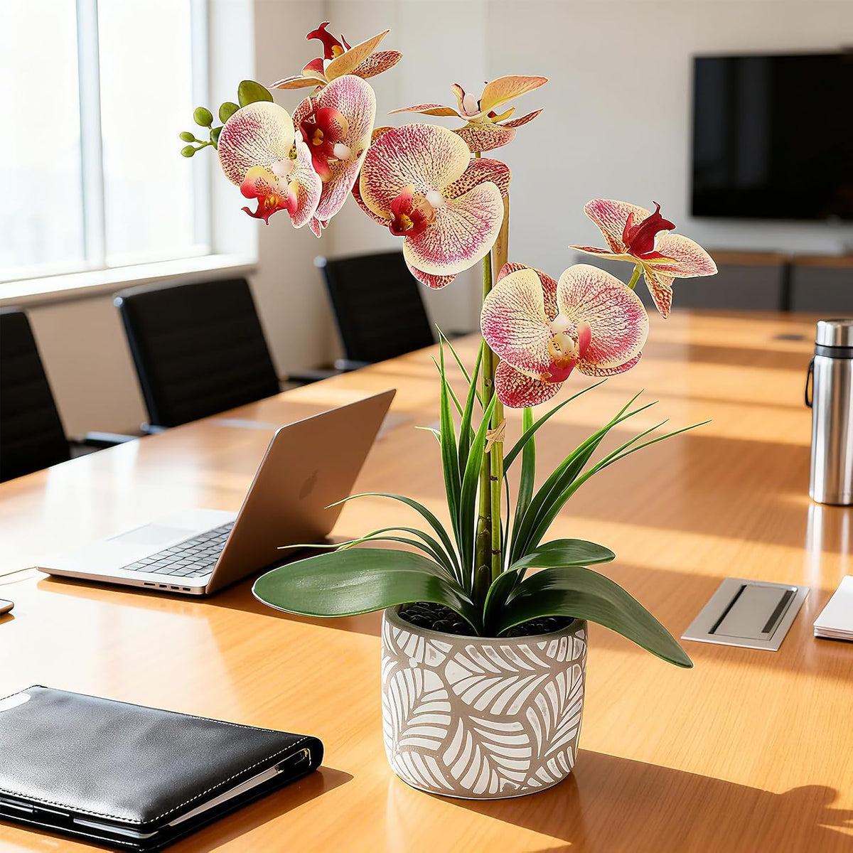 Artificial Orchid Flower Plant, 14.9'' Real Touch Faux Orchid Pink with Ceramic Vase, Fake Orchid Arrangements Home Office Decor Indoor Outdoor Wedding Table Centerpieces
