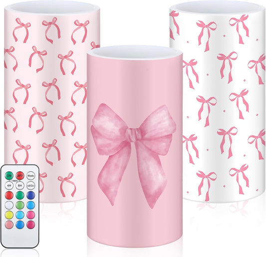 3 Pcs Pink Bow Flameless LED Candles with Remote Coquette Pink Bow Room Decor 3x6 Inch Color Changing Battery Operated Pillar Candles for Girls Women Bedroom, Bathroom