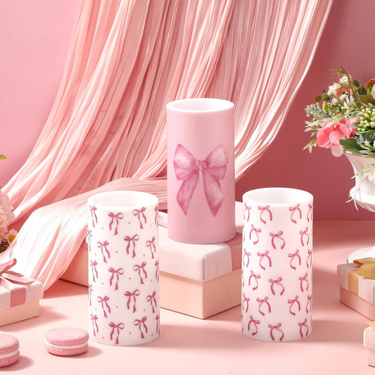 3 Pcs Pink Bow Flameless LED Candles with Remote Coquette Pink Bow Room Decor 3x6 Inch Color Changing Battery Operated Pillar Candles for Girls Women Bedroom, Bathroom