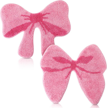2 Pcs Pink Bow Bow Shaped Bathroom Rugs, Non Slip Plush Bath Mats