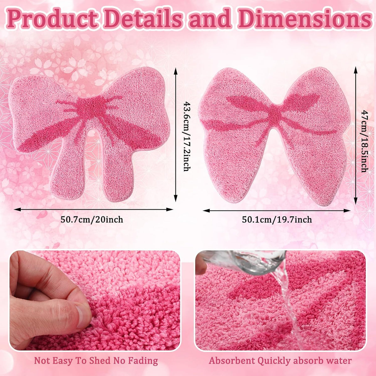 2 Pcs Pink Bow Bow Shaped Bathroom Rugs, Non Slip Plush Bath Mats
