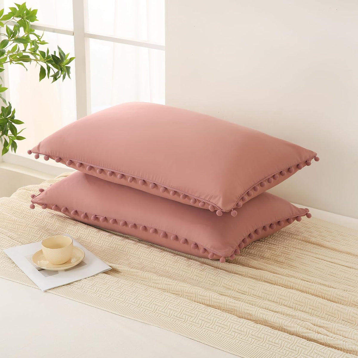 Bean Paste Pink Pom Poms Pillowcases, Standard Queen Pillow Cases Set of 2, 100% Washed Microfiber,Pink Ball Fringe Pillow Cover, 2 Pack (Queen, Bean Paste)