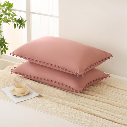 Bean Paste Pink Pom Poms Pillowcases, Standard Queen Pillow Cases Set of 2, 100% Washed Microfiber,Pink Ball Fringe Pillow Cover, 2 Pack (Queen, Bean Paste)