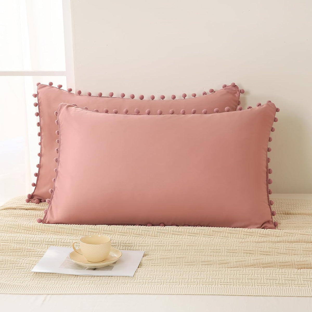 Bean Paste Pink Pom Poms Pillowcases, Standard Queen Pillow Cases Set of 2, 100% Washed Microfiber,Pink Ball Fringe Pillow Cover, 2 Pack (Queen, Bean Paste)