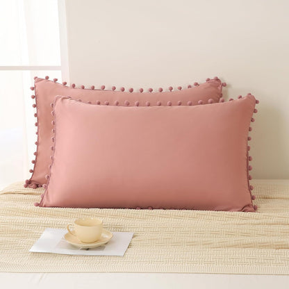 Bean Paste Pink Pom Poms Pillowcases, Standard Queen Pillow Cases Set of 2, 100% Washed Microfiber,Pink Ball Fringe Pillow Cover, 2 Pack (Queen, Bean Paste)
