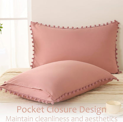 Bean Paste Pink Pom Poms Pillowcases, Standard Queen Pillow Cases Set of 2, 100% Washed Microfiber,Pink Ball Fringe Pillow Cover, 2 Pack (Queen, Bean Paste)