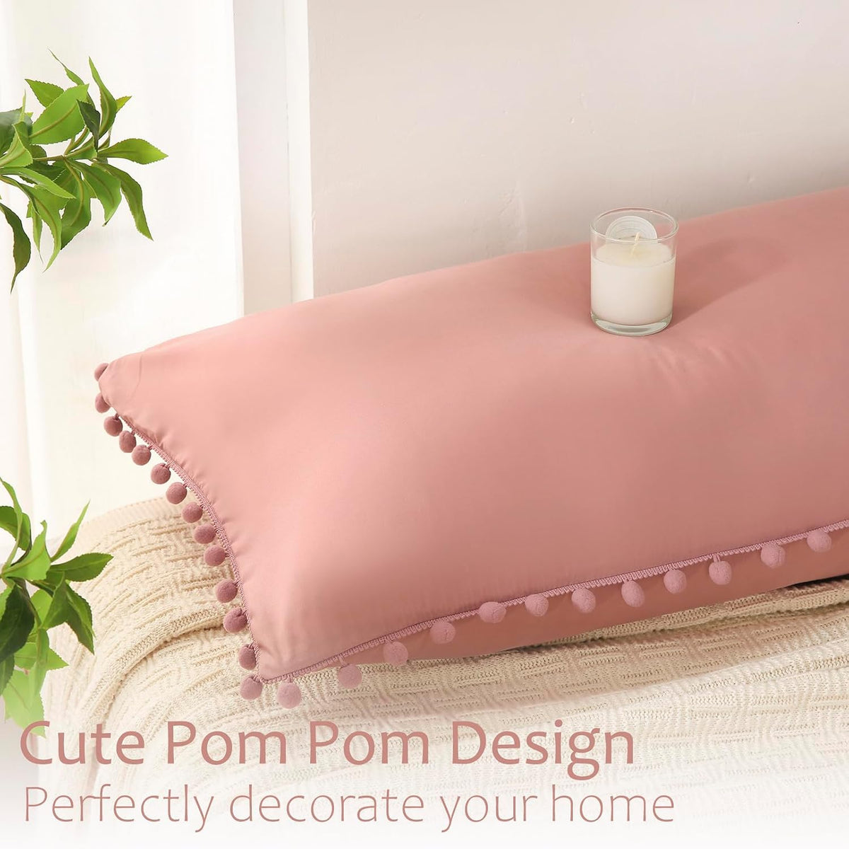 Bean Paste Pink Pom Poms Pillowcases, Standard Queen Pillow Cases Set of 2, 100% Washed Microfiber,Pink Ball Fringe Pillow Cover, 2 Pack (Queen, Bean Paste)