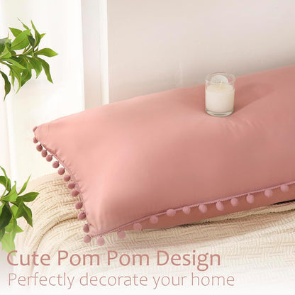 Bean Paste Pink Pom Poms Pillowcases, Standard Queen Pillow Cases Set of 2, 100% Washed Microfiber,Pink Ball Fringe Pillow Cover, 2 Pack (Queen, Bean Paste)