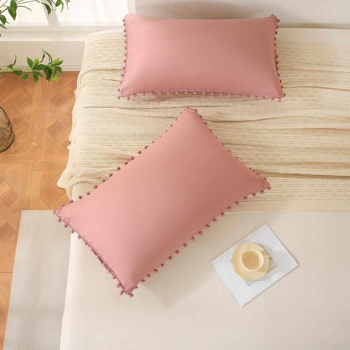 Bean Paste Pink Pom Poms Pillowcases, Standard Queen Pillow Cases Set of 2, 100% Washed Microfiber,Pink Ball Fringe Pillow Cover, 2 Pack (Queen, Bean Paste)