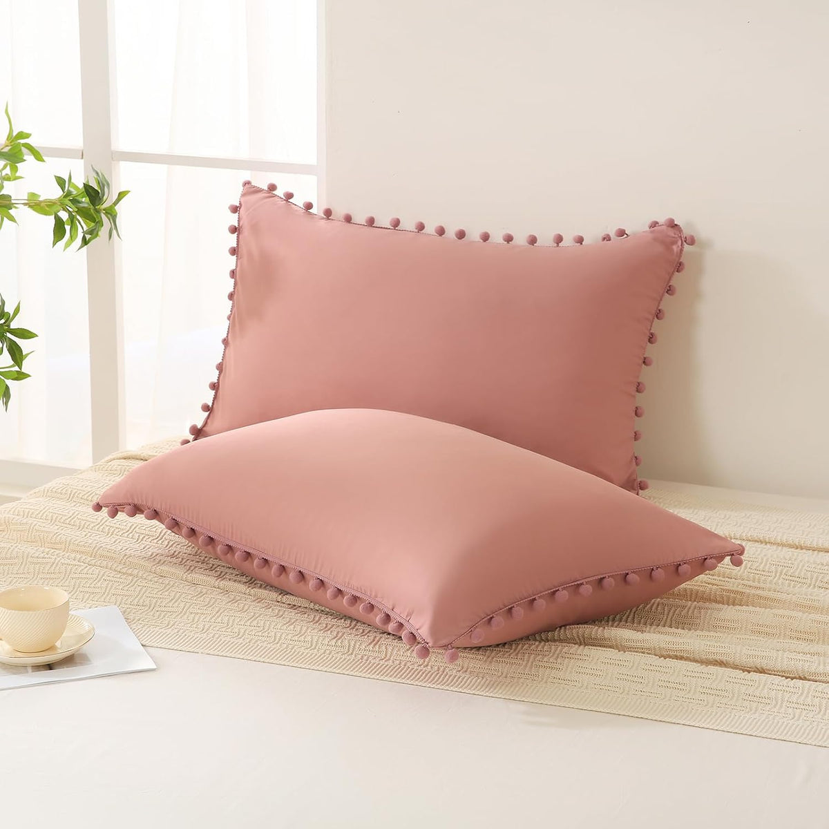 Bean Paste Pink Pom Poms Pillowcases, Standard Queen Pillow Cases Set of 2, 100% Washed Microfiber,Pink Ball Fringe Pillow Cover, 2 Pack (Queen, Bean Paste)