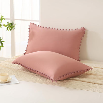 Bean Paste Pink Pom Poms Pillowcases, Standard Queen Pillow Cases Set of 2, 100% Washed Microfiber,Pink Ball Fringe Pillow Cover, 2 Pack (Queen, Bean Paste)