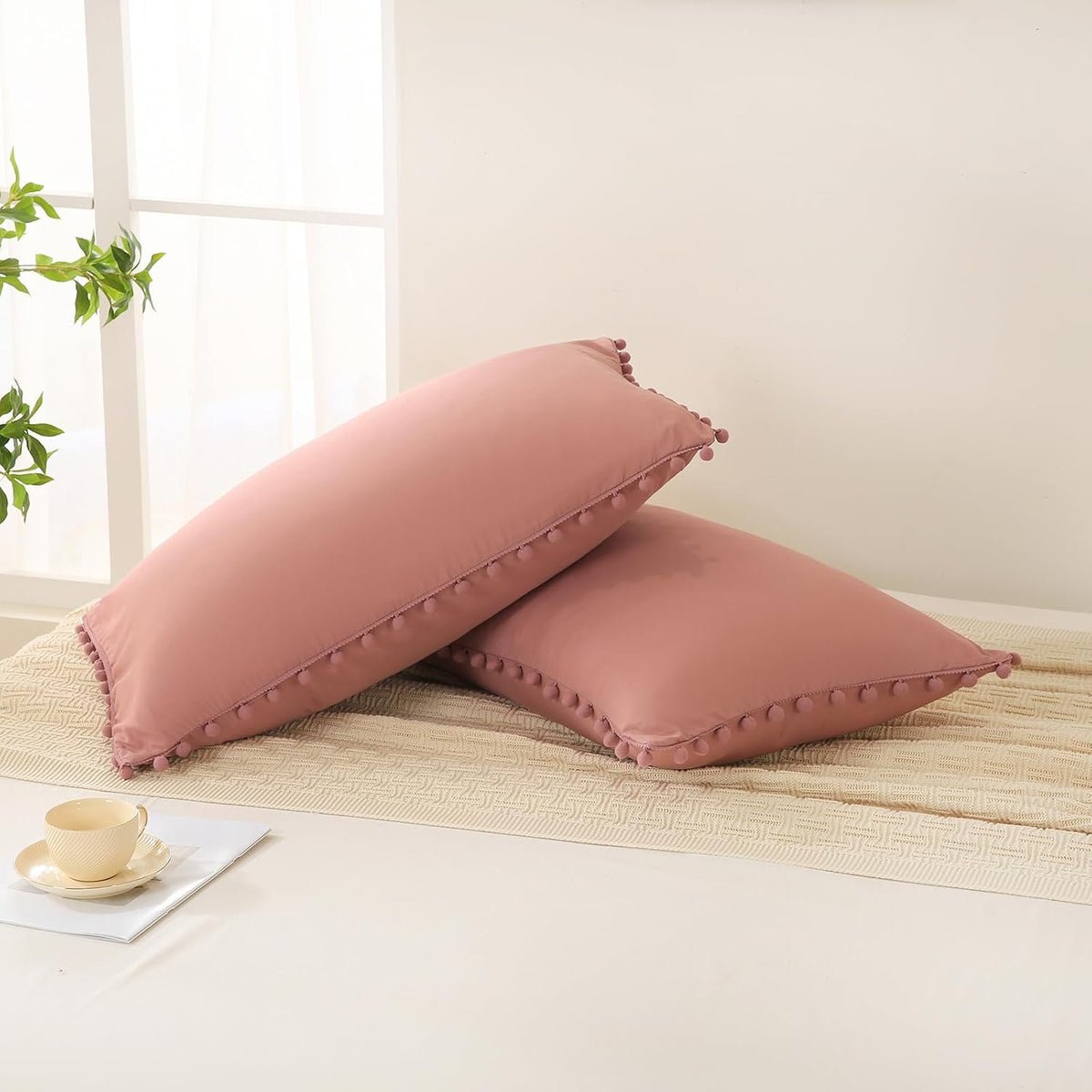 Bean Paste Pink Pom Poms Pillowcases, Standard Queen Pillow Cases Set of 2, 100% Washed Microfiber,Pink Ball Fringe Pillow Cover, 2 Pack (Queen, Bean Paste)