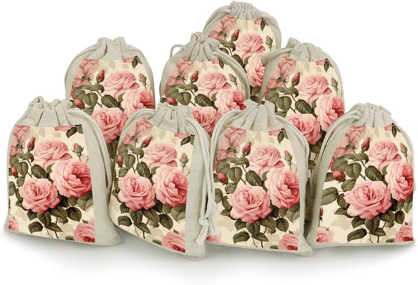 JWSDKNJ 8 Pcs Drawstring Gift Bags 4.9" X 6.7" Peach Roses on Pattern Jewelry Pouches Shiny Wedding Party Favor Bags Reusable for Party, Christmas, DIY Craft