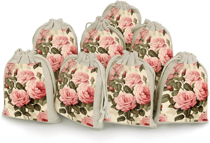 JWSDKNJ 8 Pcs Drawstring Gift Bags 4.9" X 6.7" Peach Roses on Pattern Jewelry Pouches Shiny Wedding Party Favor Bags Reusable for Party, Christmas, DIY Craft