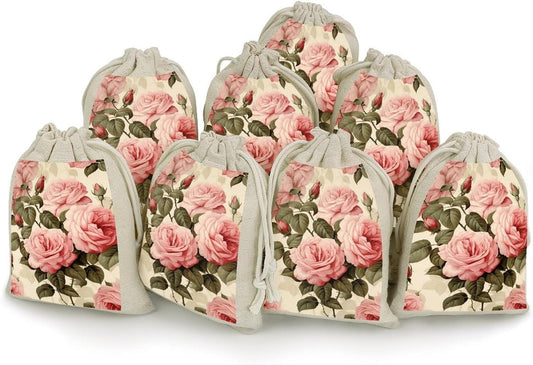 JWSDKNJ 8 Pcs Drawstring Gift Bags 4.9" X 6.7" Peach Roses on Pattern Jewelry Pouches Shiny Wedding Party Favor Bags Reusable for Party, Christmas, DIY Craft