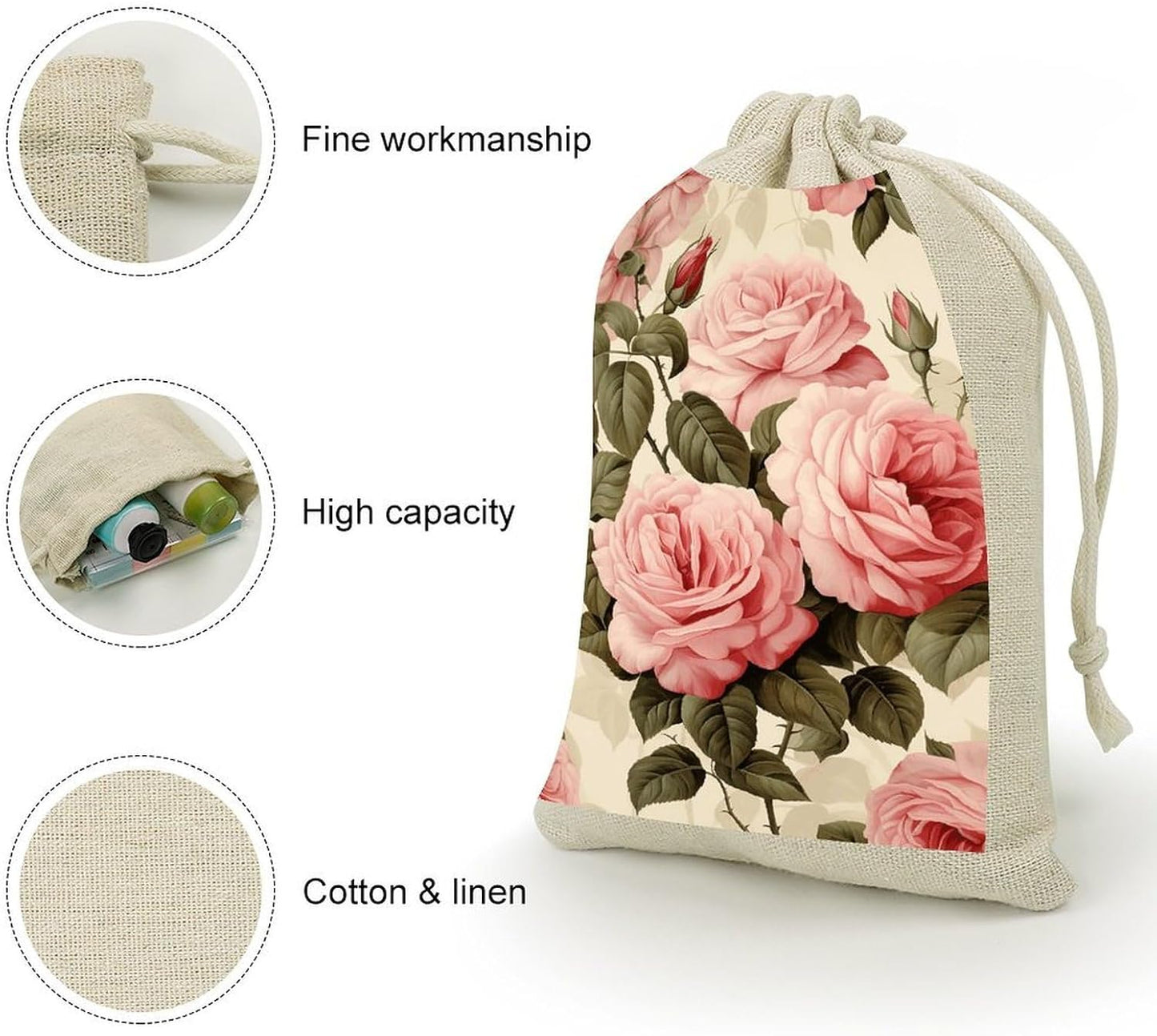 JWSDKNJ 8 Pcs Drawstring Gift Bags 4.9" X 6.7" Peach Roses on Pattern Jewelry Pouches Shiny Wedding Party Favor Bags Reusable for Party, Christmas, DIY Craft