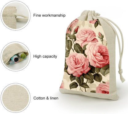 JWSDKNJ 8 Pcs Drawstring Gift Bags 4.9" X 6.7" Peach Roses on Pattern Jewelry Pouches Shiny Wedding Party Favor Bags Reusable for Party, Christmas, DIY Craft