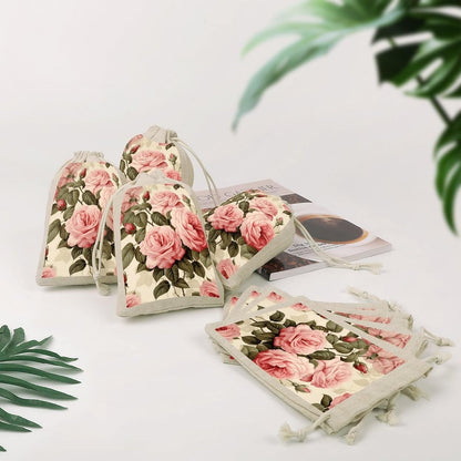 JWSDKNJ 8 Pcs Drawstring Gift Bags 4.9" X 6.7" Peach Roses on Pattern Jewelry Pouches Shiny Wedding Party Favor Bags Reusable for Party, Christmas, DIY Craft