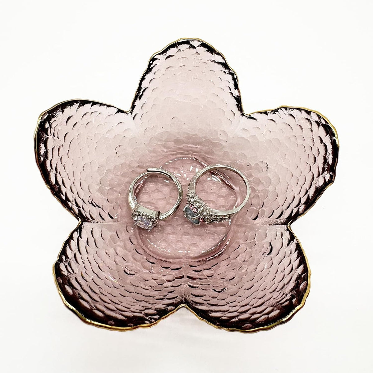 Small Pink Glass Jewelry Dish Tray, Bathroom Jewlery Tray, Flower Ring Dish Jewlry Plate, Crystal Engagement Jewerly Ring Holder for Women, Nightstand Decor Trinket Jewelry Bowl Gift for Mom