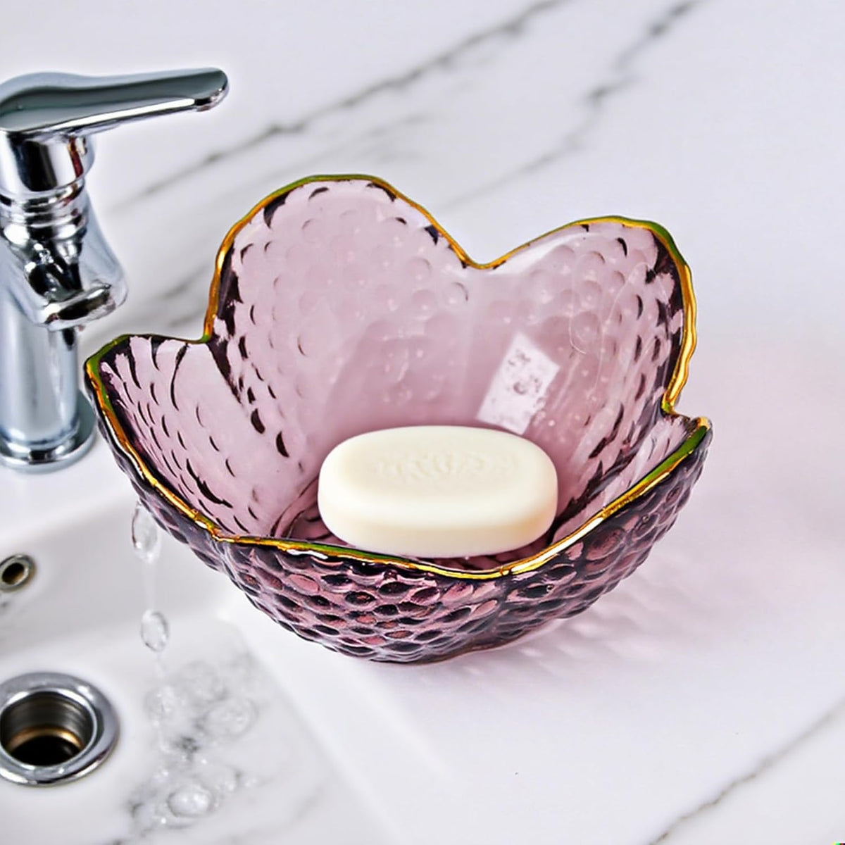 Small Pink Glass Jewelry Dish Tray, Bathroom Jewlery Tray, Flower Ring Dish Jewlry Plate, Crystal Engagement Jewerly Ring Holder for Women, Nightstand Decor Trinket Jewelry Bowl Gift for Mom