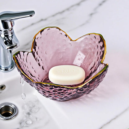 Small Pink Glass Jewelry Dish Tray, Bathroom Jewlery Tray, Flower Ring Dish Jewlry Plate, Crystal Engagement Jewerly Ring Holder for Women, Nightstand Decor Trinket Jewelry Bowl Gift for Mom
