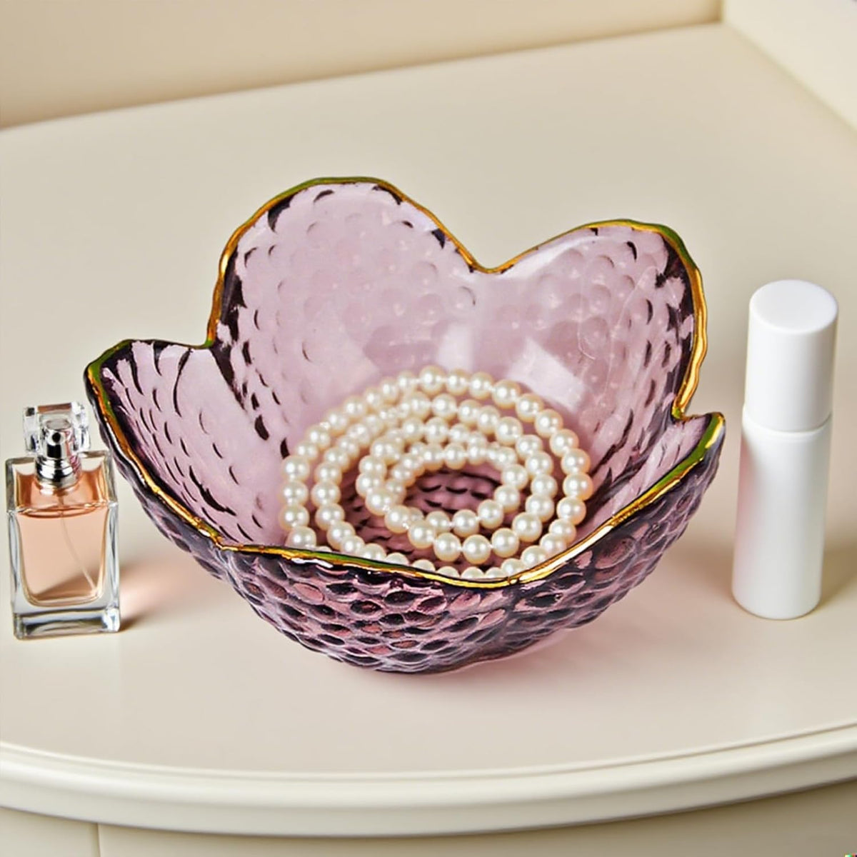 Small Pink Glass Jewelry Dish Tray, Bathroom Jewlery Tray, Flower Ring Dish Jewlry Plate, Crystal Engagement Jewerly Ring Holder for Women, Nightstand Decor Trinket Jewelry Bowl Gift for Mom