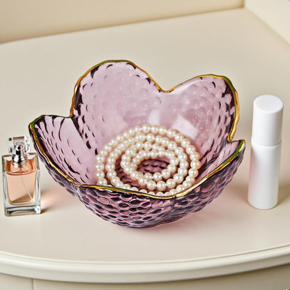Small Pink Glass Jewelry Dish Tray, Bathroom Jewlery Tray, Flower Ring Dish Jewlry Plate, Crystal Engagement Jewerly Ring Holder for Women, Nightstand Decor Trinket Jewelry Bowl Gift for Mom