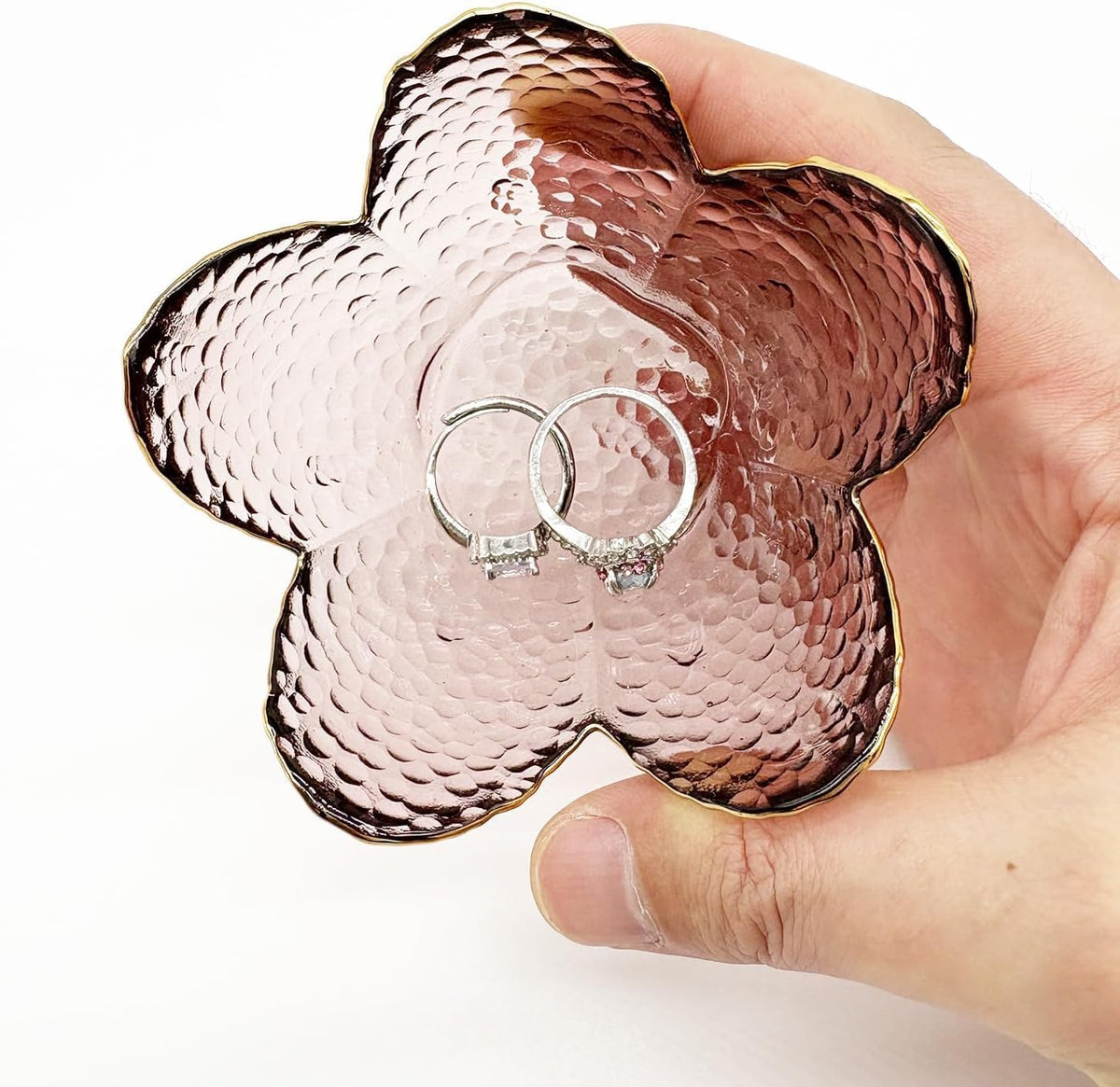 Small Pink Glass Jewelry Dish Tray, Bathroom Jewlery Tray, Flower Ring Dish Jewlry Plate, Crystal Engagement Jewerly Ring Holder for Women, Nightstand Decor Trinket Jewelry Bowl Gift for Mom