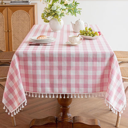 Checkered Tablecloth, Cotton Linen Gingham Table Cloth for Rectangle Table with Tassel, Washable Heavy Duty Wrinkle Free Plaid Table Cover for Dining Picnic Camping, Pink, 90 X 55 Inch
