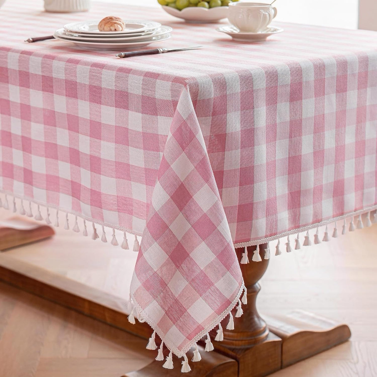 Checkered Tablecloth, Cotton Linen Gingham Table Cloth for Rectangle Table with Tassel, Washable Heavy Duty Wrinkle Free Plaid Table Cover for Dining Picnic Camping, Pink, 90 X 55 Inch