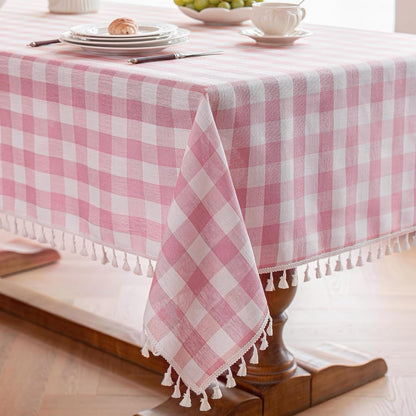 Checkered Tablecloth, Cotton Linen Gingham Table Cloth for Rectangle Table with Tassel, Washable Heavy Duty Wrinkle Free Plaid Table Cover for Dining Picnic Camping, Pink, 90 X 55 Inch