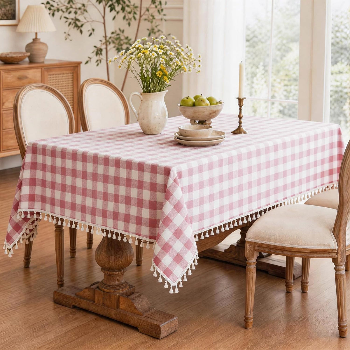 Checkered Tablecloth, Cotton Linen Gingham Table Cloth for Rectangle Table with Tassel, Washable Heavy Duty Wrinkle Free Plaid Table Cover for Dining Picnic Camping, Pink, 90 X 55 Inch