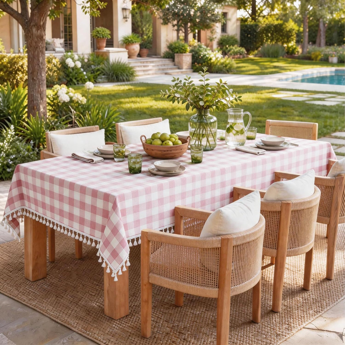 Checkered Tablecloth, Cotton Linen Gingham Table Cloth for Rectangle Table with Tassel, Washable Heavy Duty Wrinkle Free Plaid Table Cover for Dining Picnic Camping, Pink, 90 X 55 Inch